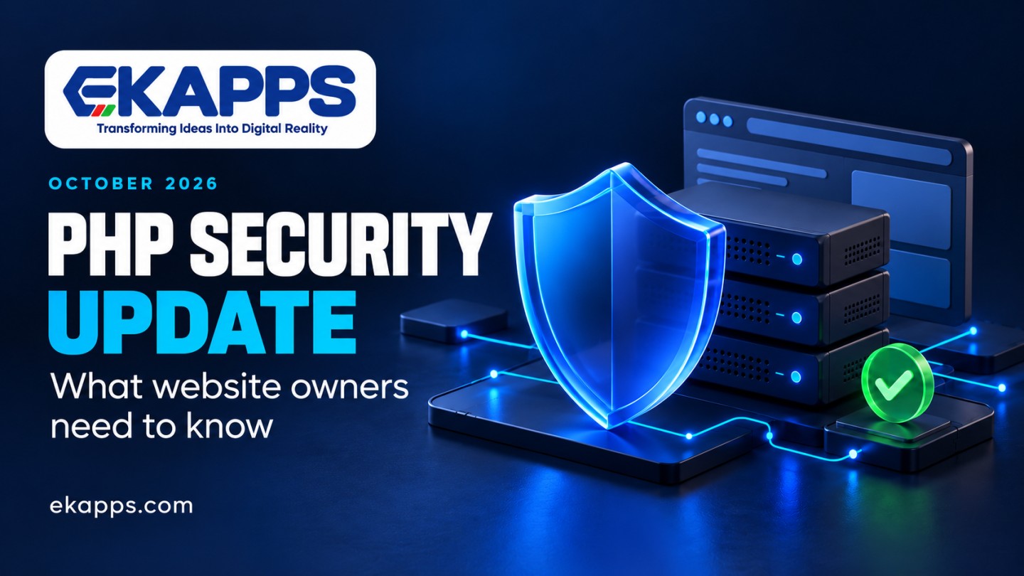 EKAPPS PHP Security Update, October 2026: What website owners need to know. A blue shield protects website servers.